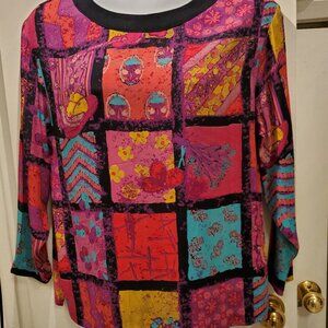 Carole Little vintage blouse multi color block with black accent size 8
